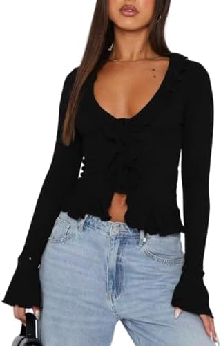 ABYOVRT Women Going Out Tops Ruffle Trim Button Front V Neck